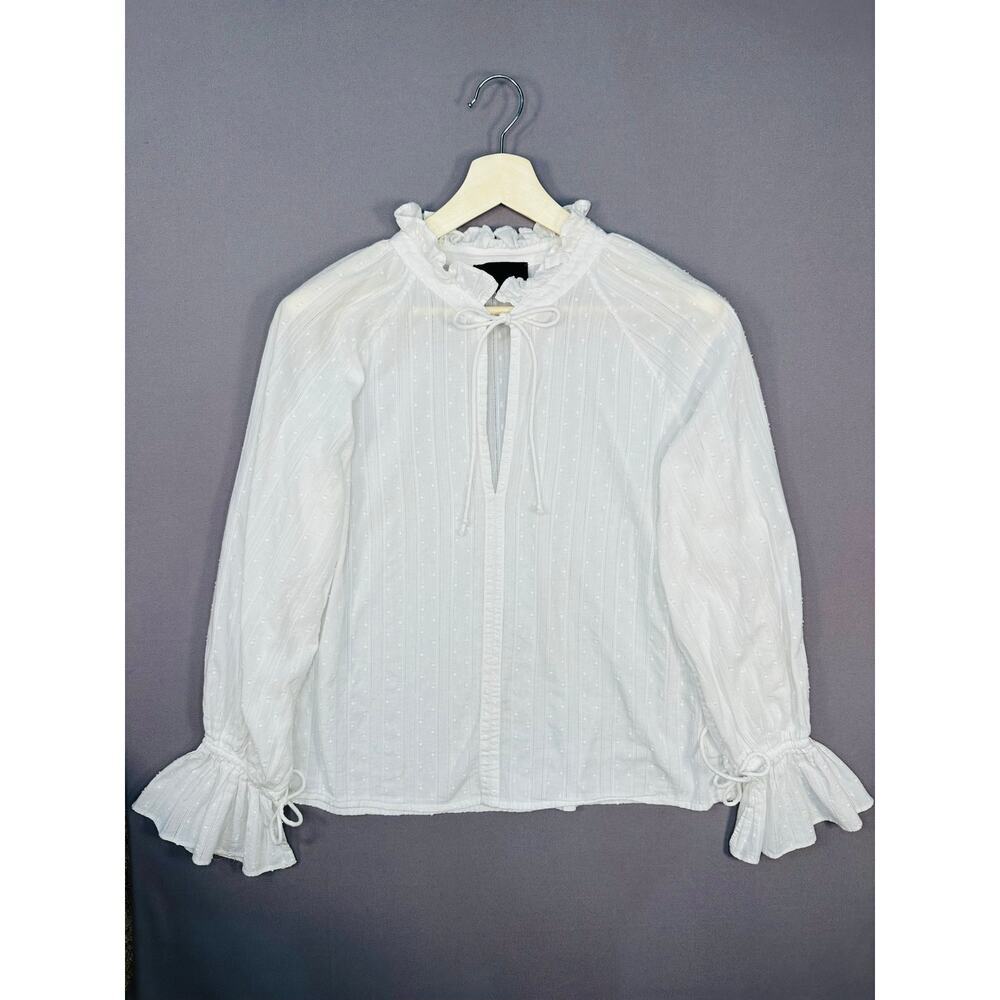 Nili Lotan White Eyelet Peasant Blouse Top with Tie Neck Size Medium